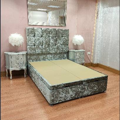 Aztec Crushed Velvet Ottoman Divan Bed Pay with Clearpay Grey crushed velvet ottoman storage divan bed lift up beds Essex