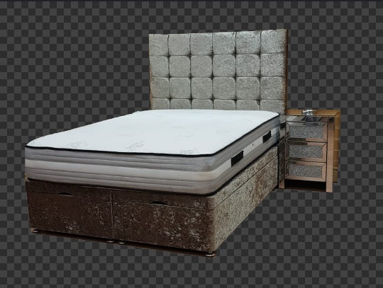 Aztec Crushed Velvet Ottoman Divan Bed Pay with Klarna - Gables Beds Essex bed shop Truffle crushed velvet lift up beds