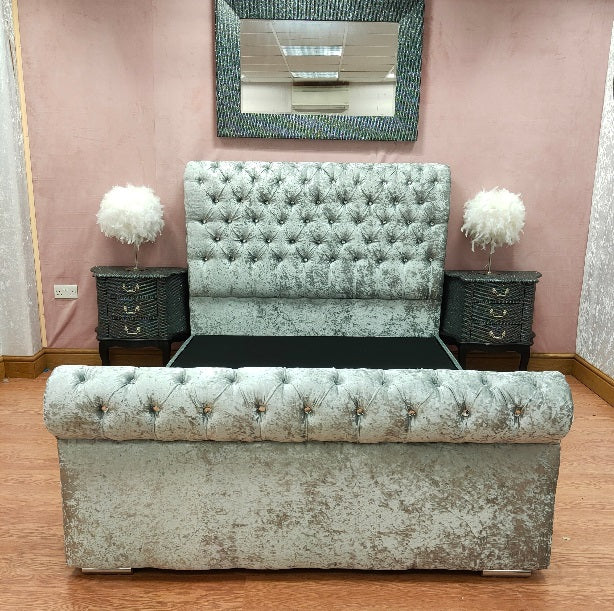 Crushed Velvet California Chesterfield Scroll Bed with Clearpay - Gables Beds on finance pay in 4 with Clearpay