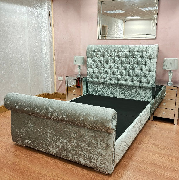 Crushed Velvet Chesterfield Sleigh Bed - Gables Beds