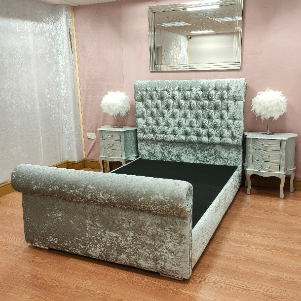 Crushed Velvet Chesterfield Sleigh Bed on Clearpay