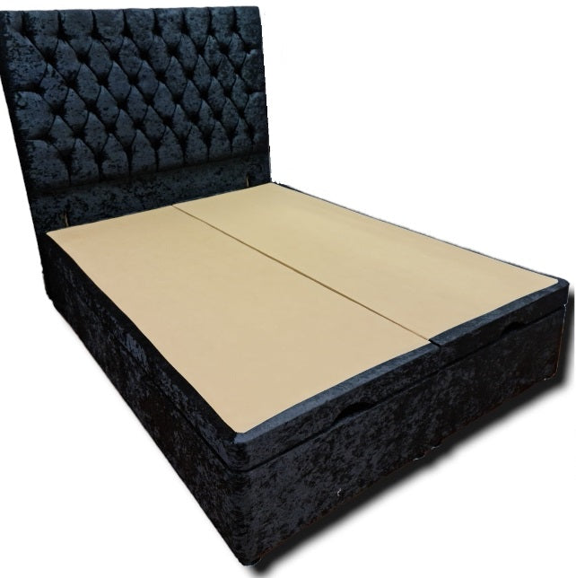 Briana Crushed Velvet Ottoman Divan Beds on Klarna- Gables Beds Grey crushed velvet ottoman storage divan bed shop in Essex