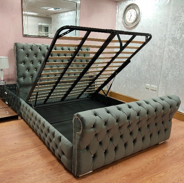 Full Chesterfield Sleigh Bed on Finance - Gables Beds With Gas lift up ottoman storage