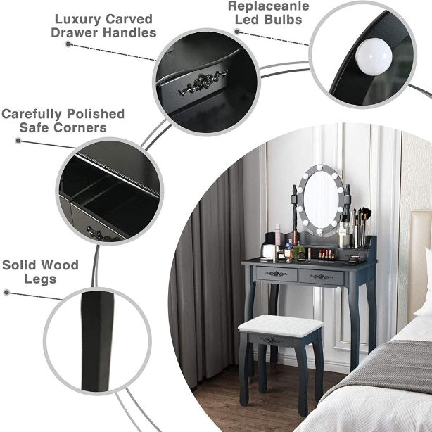 LED Hollywood Mirror Black Vanity Dressing Table Set