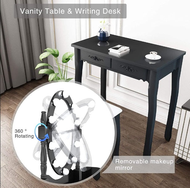 LED Hollywood Mirror Black Vanity Dressing Table Set