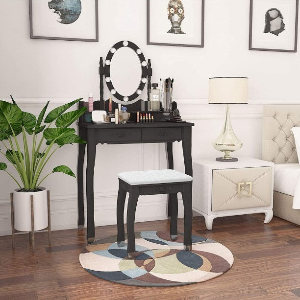 LED Hollywood Mirror Black Vanity Dressing Table Set