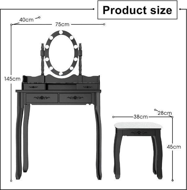 LED Hollywood Mirror Black Vanity Dressing Table Set