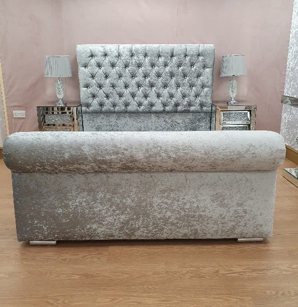 Luxury Velvet Sleigh Bed and Memory Foam Mattress Set Single Small Double King Size Super KingSize Bed Finance Buy Now Pay Later