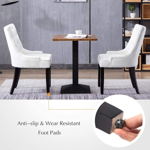 Dining Chairs Set of 2 White Velvet Fabric Chairs with Black Legs