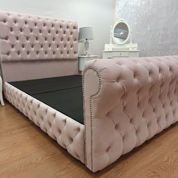 The Full Chesterfield Sleigh Blush baby pink plush Velvet - Gables Beds