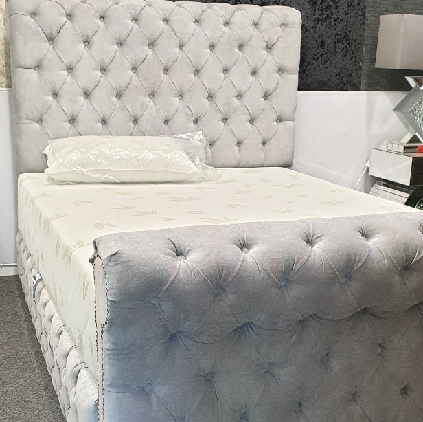 The Full Chesterfield Sleigh Silver Plain Velvet - Gables Beds