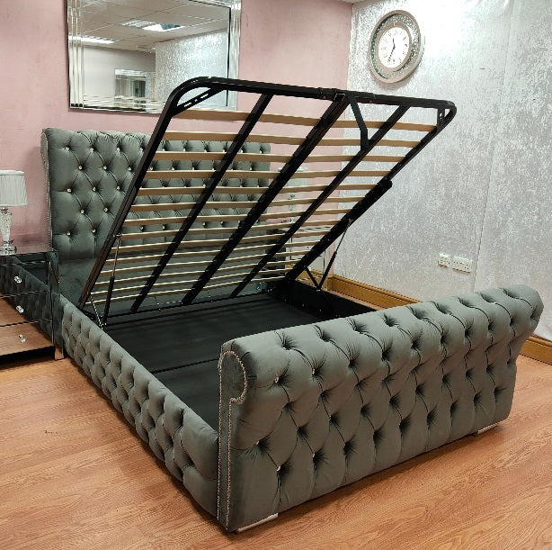 The Full Chesterfield Sleigh Grey Velvet with Gas lift up ottoman storage option - Gables Beds