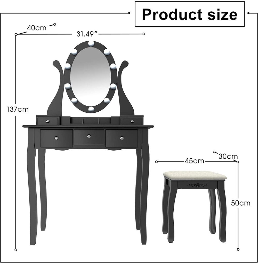 5 Drawer LED Hollywood Black Vanity Makeup Dressing Table Set