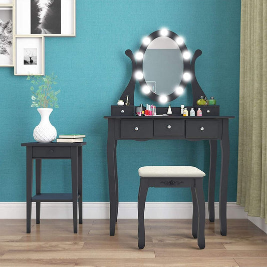 5 Drawer LED Hollywood Black Vanity Makeup Dressing Table Set