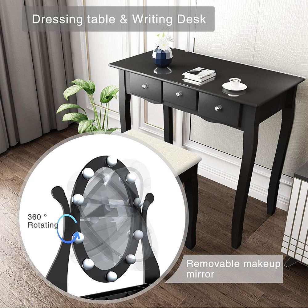 5 Drawer LED Hollywood Black Vanity Makeup Dressing Table Set