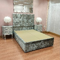 Grey Aztec Crushed Velvet Ottoman Divan Bed Pay with Klarna - Gables Beds Essex bed shop grey crushed velvet lift up beds
