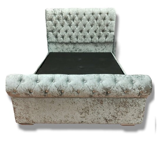 California Chesterfield Scroll Bed on Finance - Gables Beds on finance buy now pay later beds sleigh bed grey crushed velvet bed