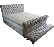California Chesterfield Scroll Bed with Clearpay - Gables Beds on finance buy now pay later beds sleigh bed grey crushed velvet bed