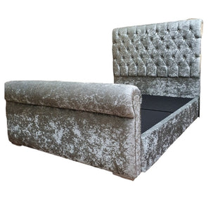 Chesterfield Sleigh Bed on Finance Grey crushed velvet