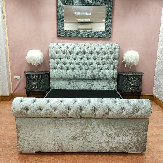 Crushed Velvet California Chesterfield Scroll Bed with Clearpay - Gables Beds on finance pay in 4 with Clearpay