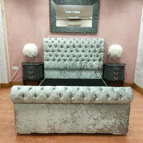 Crushed Velvet California Chesterfield Scroll Bed with Clearpay
