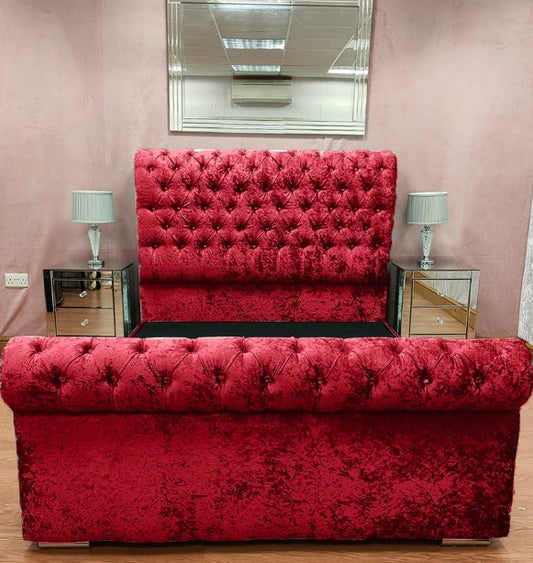 Crushed Velvet California Chesterfield Scroll Bed - Gables Beds on finance grey bed