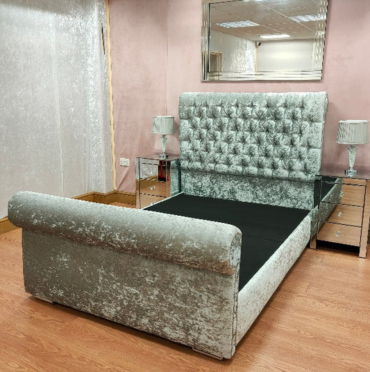 Crushed Velvet Chesterfield Sleigh Bed - Gables Beds