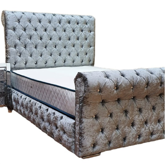 Crushed Velvet Full Chesterfield Sleigh Bed - Gables Beds - Grey crushed velvet beds