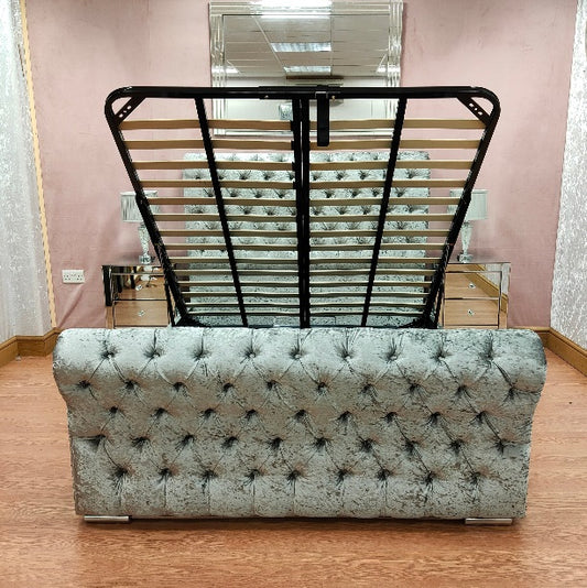 Crushed Velvet Full Chesterfield Sleigh Bed with Clearpay GAS LIFT OPTION