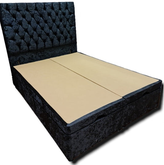 Briana Crushed Velvet Ottoman Divan Beds on Klarna- Gables Beds Grey crushed velvet ottoman storage divan bed shop in Essex