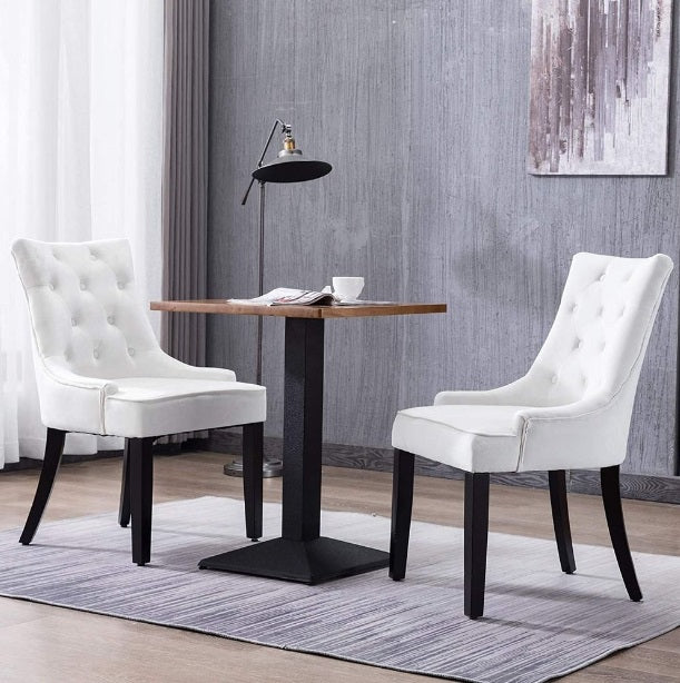 Dining Chairs Set of 2 White Velvet Fabric Chairs with Black Legs