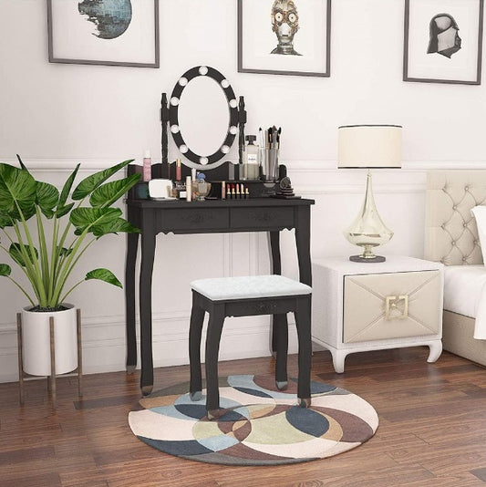 LED Hollywood Mirror Black Vanity Dressing Table Set