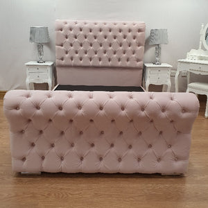Plush Velvet Full Chesterfield Sleigh Bed - Gables Beds Baby pink plush