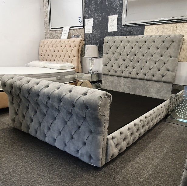 The Full Chesterfield Sleigh Naples Grey Velvet - Gables Beds