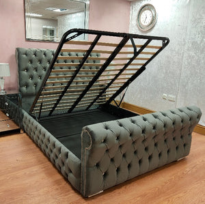 The Full Chesterfield Sleigh Grey Velvet with Gas lift up ottoman storage option - Gables Beds