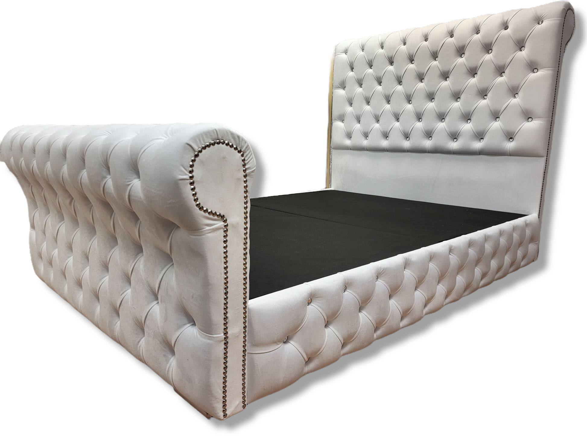 Buy Now Pay Later Beds Full Buttoned Sleigh Bed  - White plush velvet