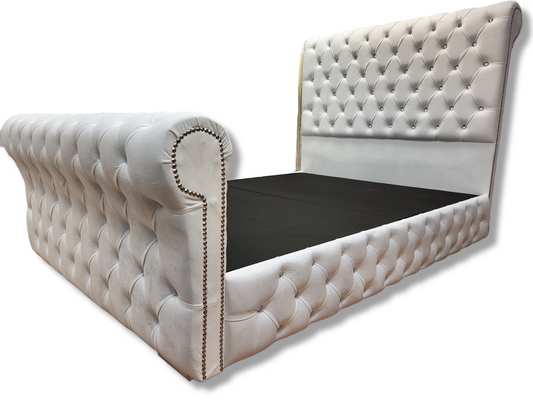 Buy Now Pay Later Beds Full Buttoned Sleigh Bed  - White plush velvet