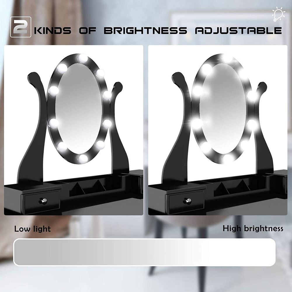 5 Drawer LED Hollywood Black Vanity Makeup Dressing Table Set